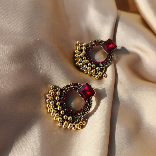 Antique Stone Stud Earrings with Maroon Beaded Detailing