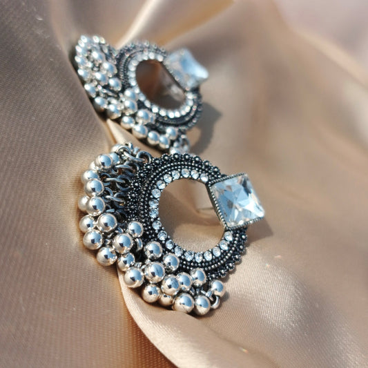 Antique Stone Stud Earrings with Silver Beaded Detailing