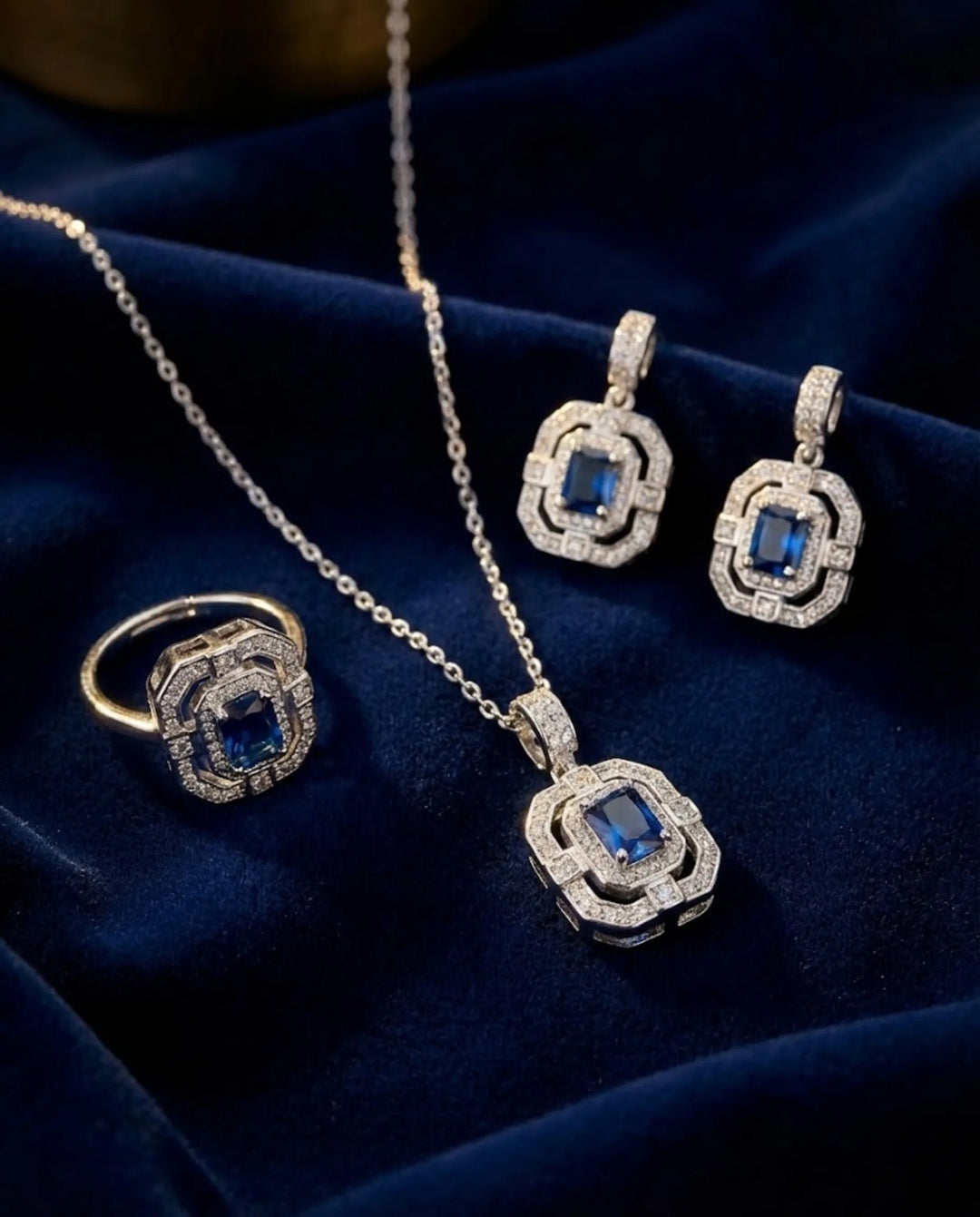 Royal Blue Sapphire Inspired Jewelry Set – Geometric Halo Pendant Necklace, Earrings & Ring