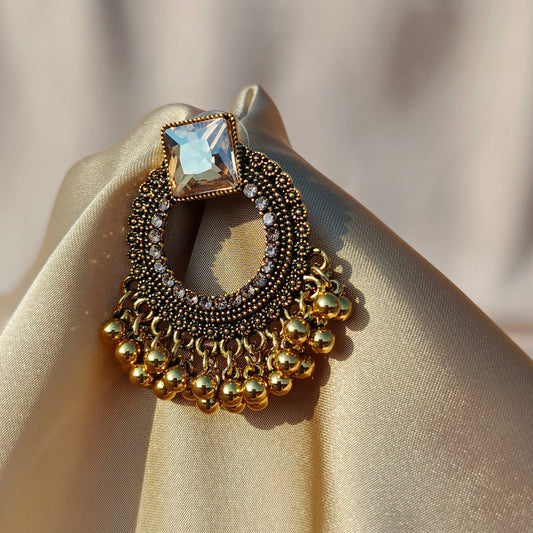 Antique Stone Stud Earrings with Golden Beaded Detailing