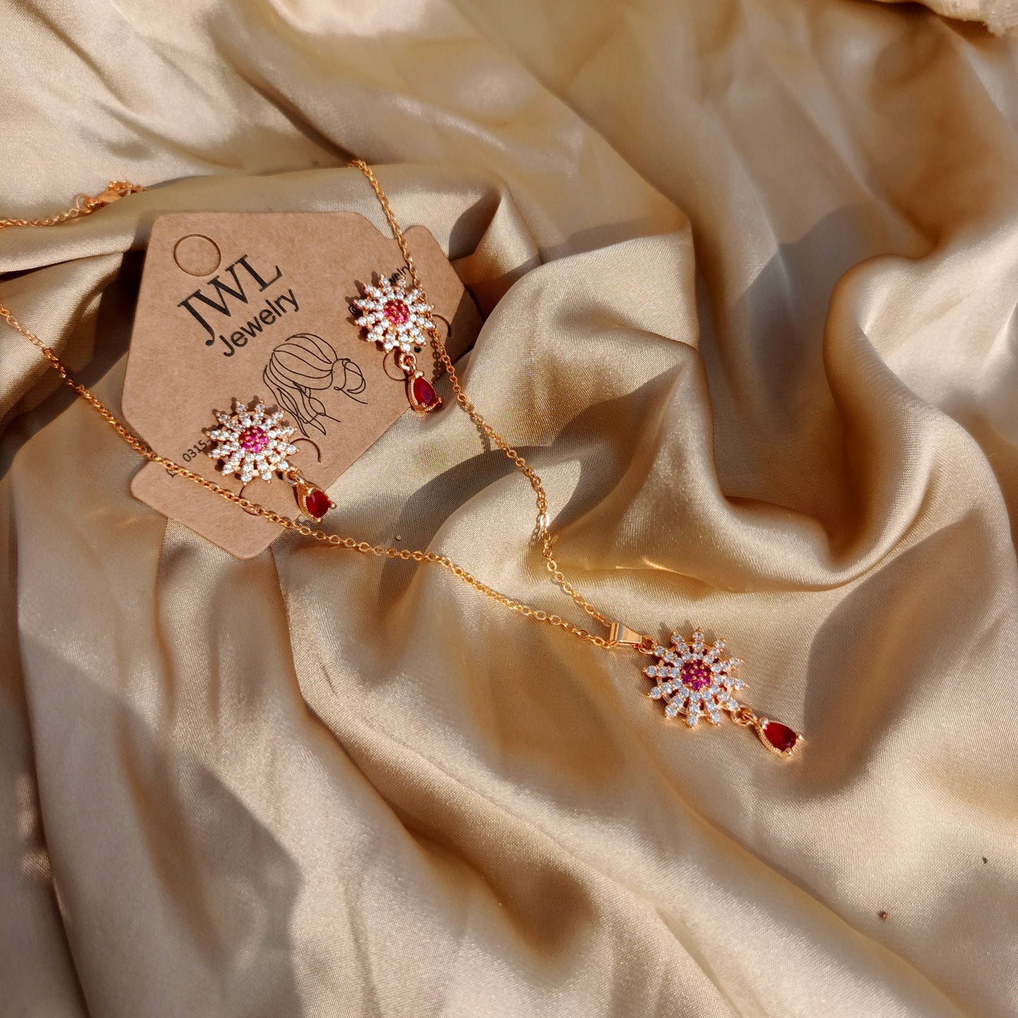 Flower Pendant Set Drop Red Stone