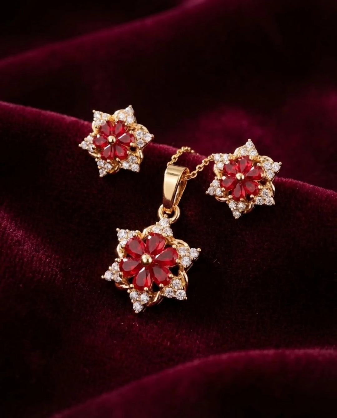 Red Stone Gold Pendant & Earrings Set – Party Wear Pakistan