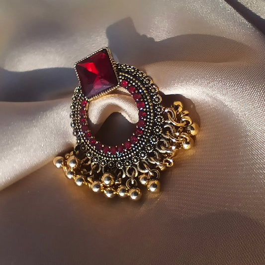 Antique Stone Stud Earrings with Maroon Beaded Detailing