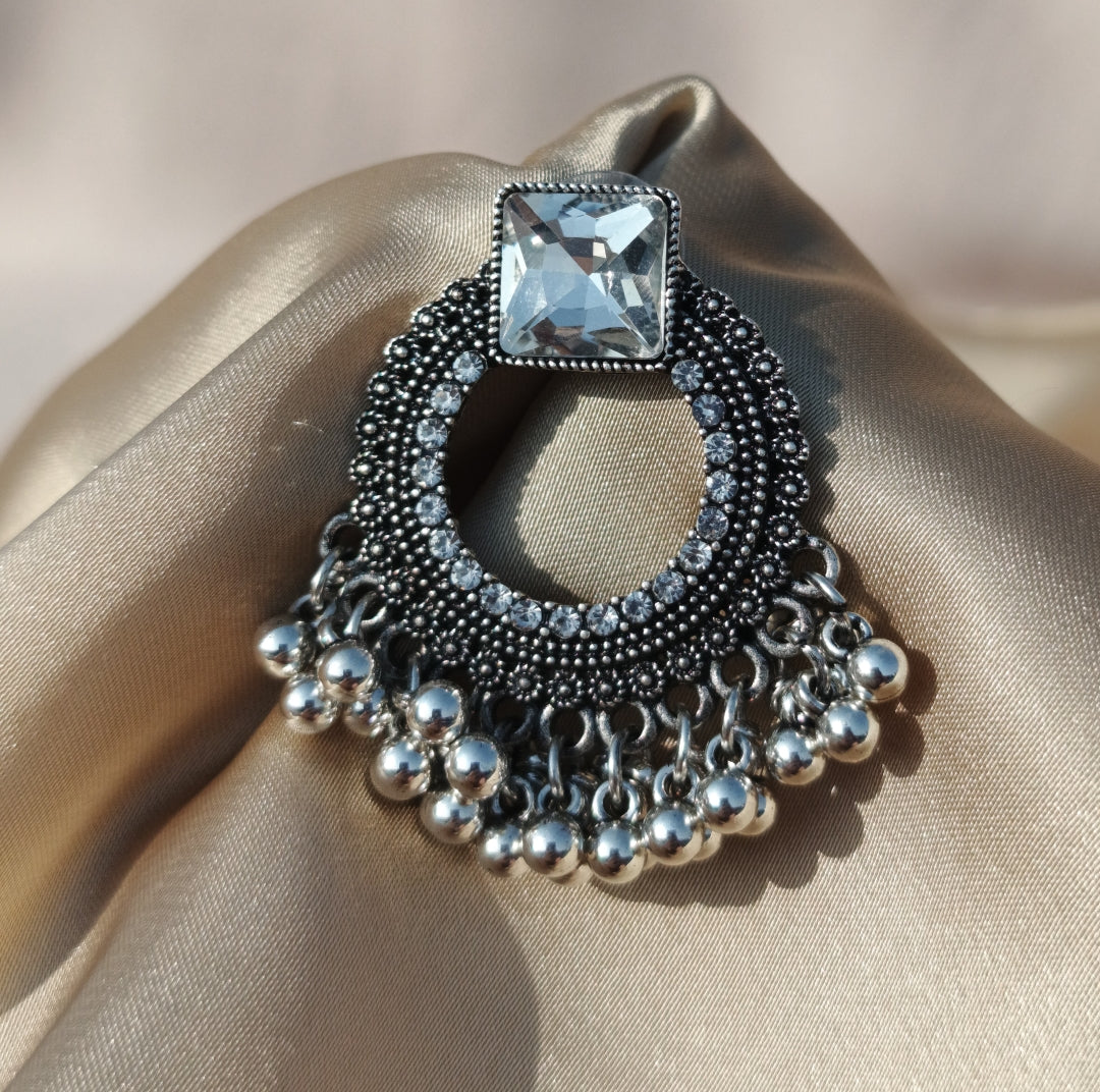 Antique Stone Stud Earrings with Silver Beaded Detailing