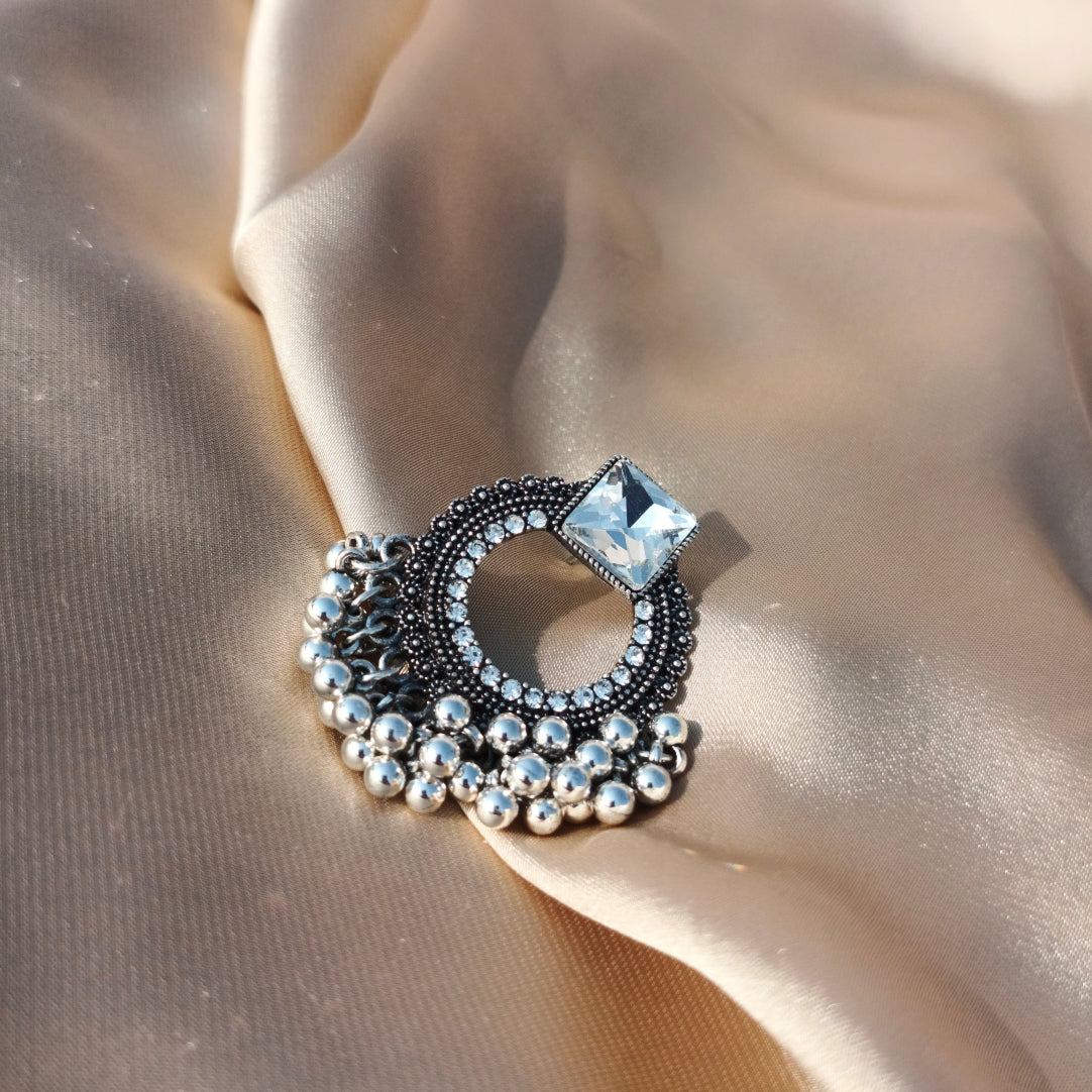 Antique Stone Stud Earrings with Silver Beaded Detailing