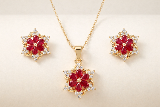 Red Stone Gold Pendant & Earrings Set – Party Wear Pakistan