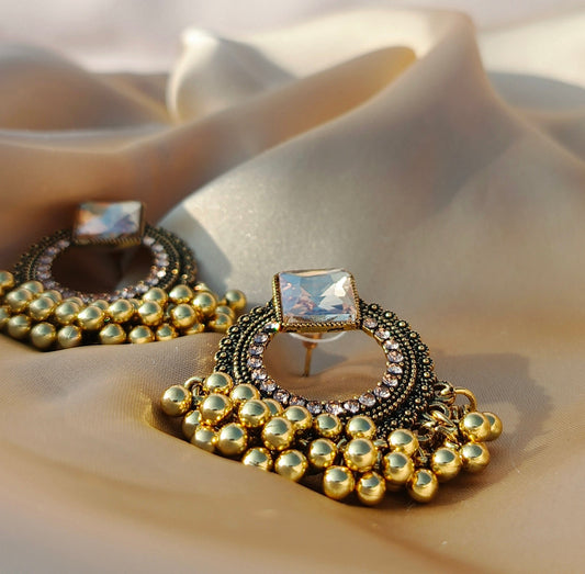 Antique Stone Stud Earrings with Golden Beaded Detailing