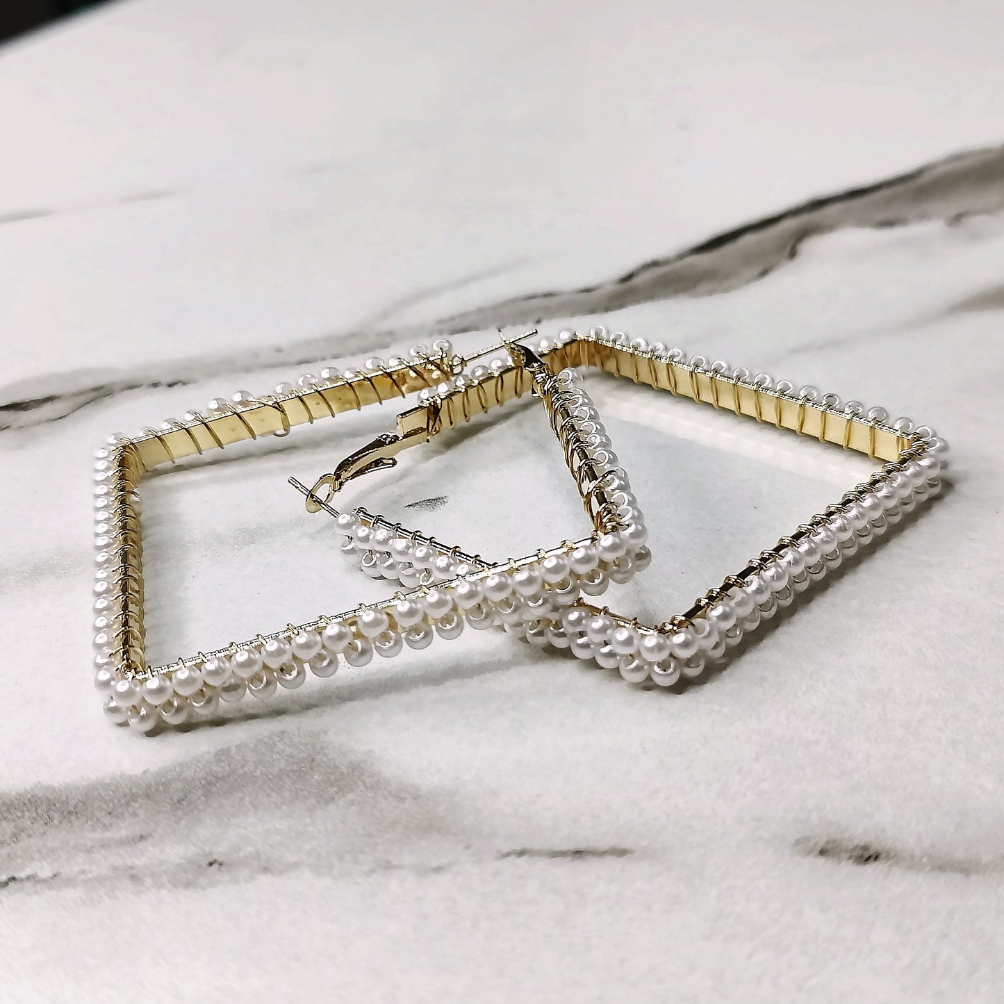 Square Hoop Earrings Pearl Beaded