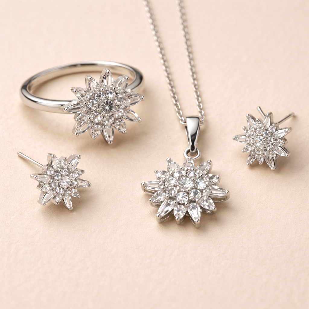 Silver Snowflake Crystal Locket Set with Ring – Pendant Necklace & Earrings Jewelry Set for Women