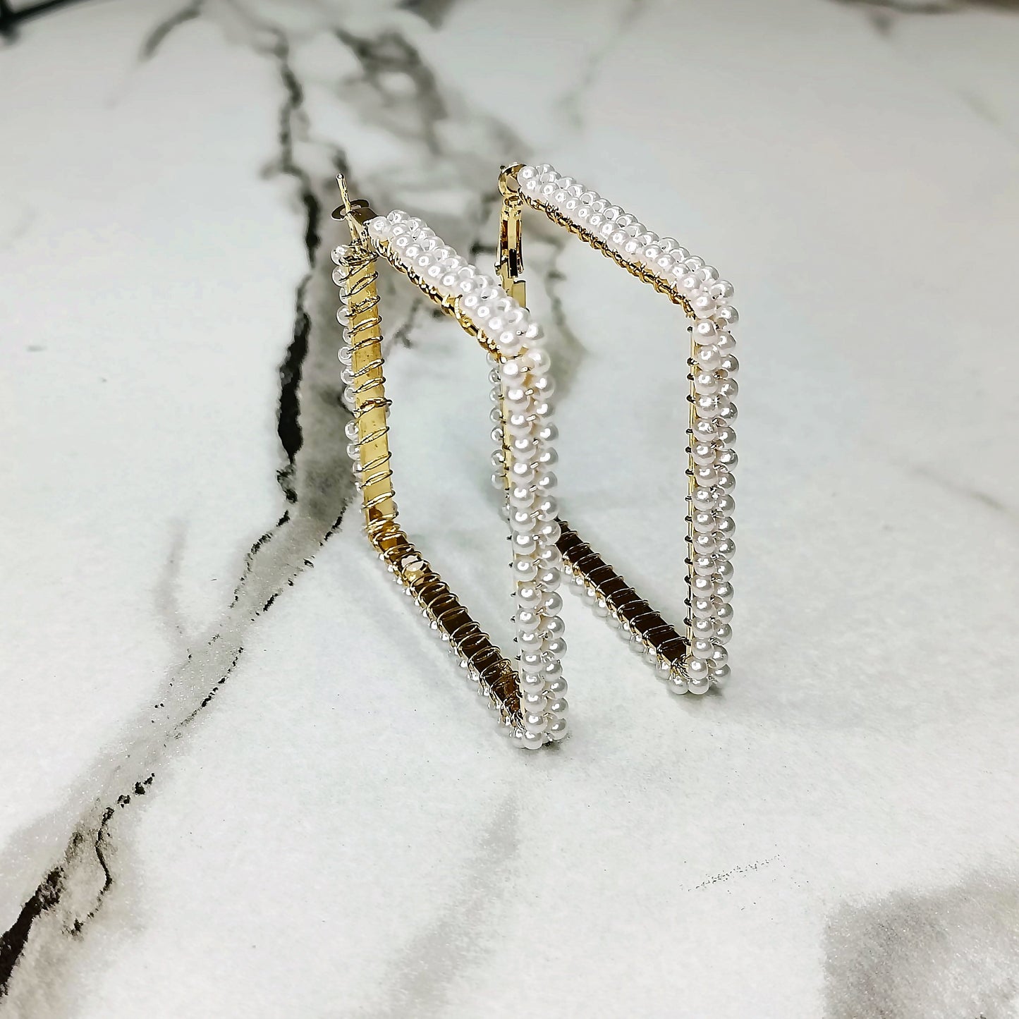 Square Hoop Earrings Pearl Beaded