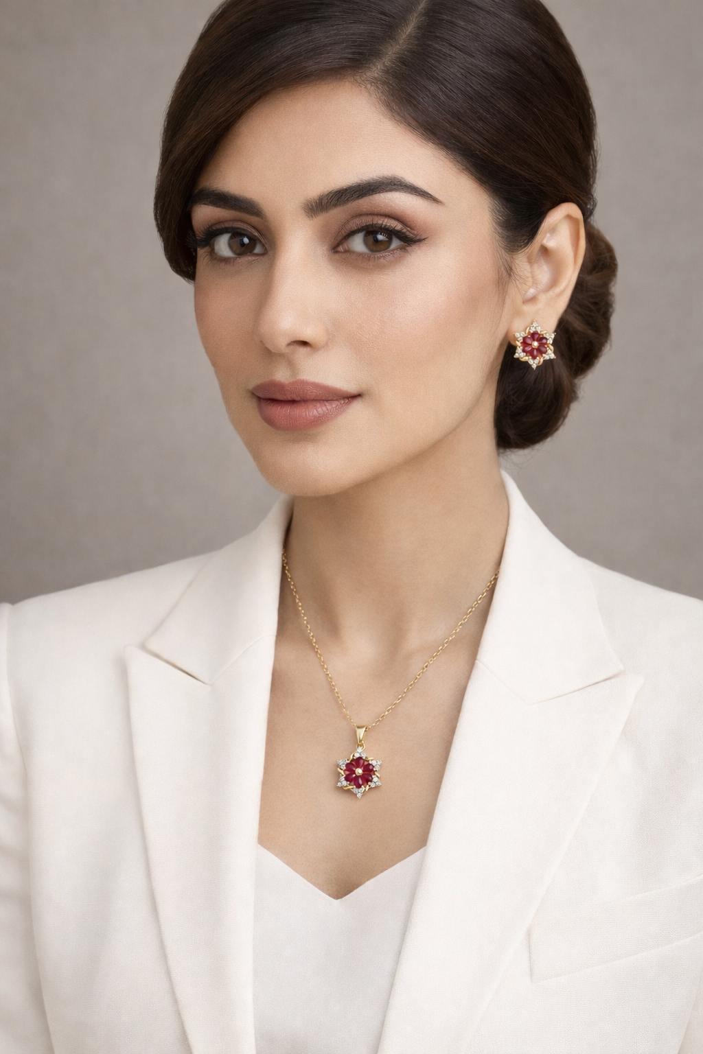 Red Stone Gold Pendant & Earrings Set – Party Wear Pakistan