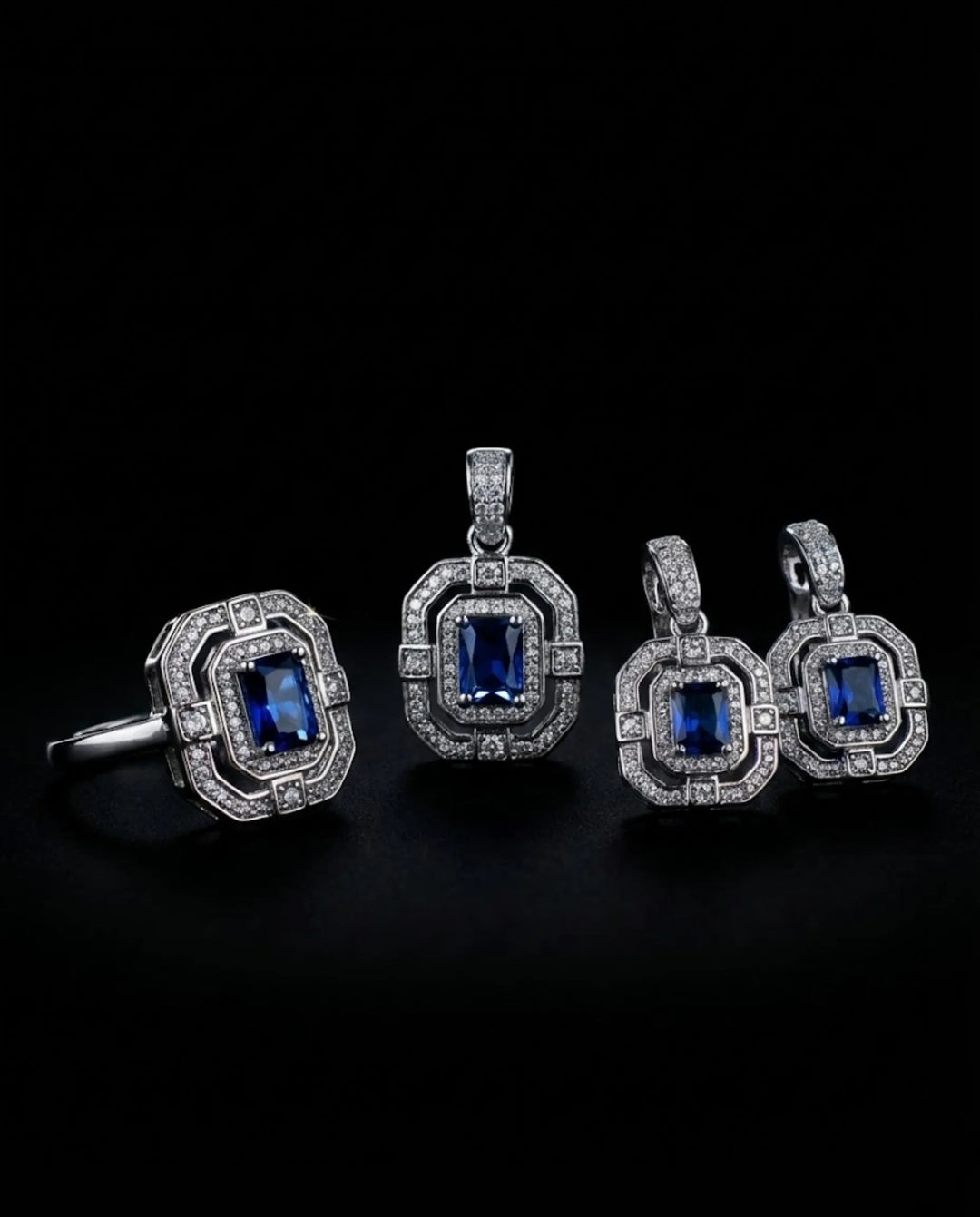 Royal Blue Sapphire Inspired Jewelry Set – Geometric Halo Pendant Necklace, Earrings & Ring