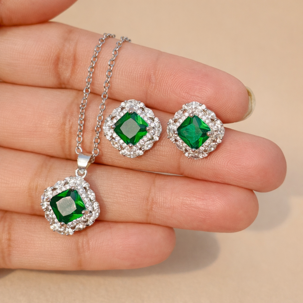 Emerald Green Square Pendant Necklace & Earrings Set
