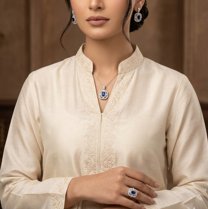 Royal Blue Sapphire Inspired Jewelry Set – Geometric Halo Pendant Necklace, Earrings & Ring