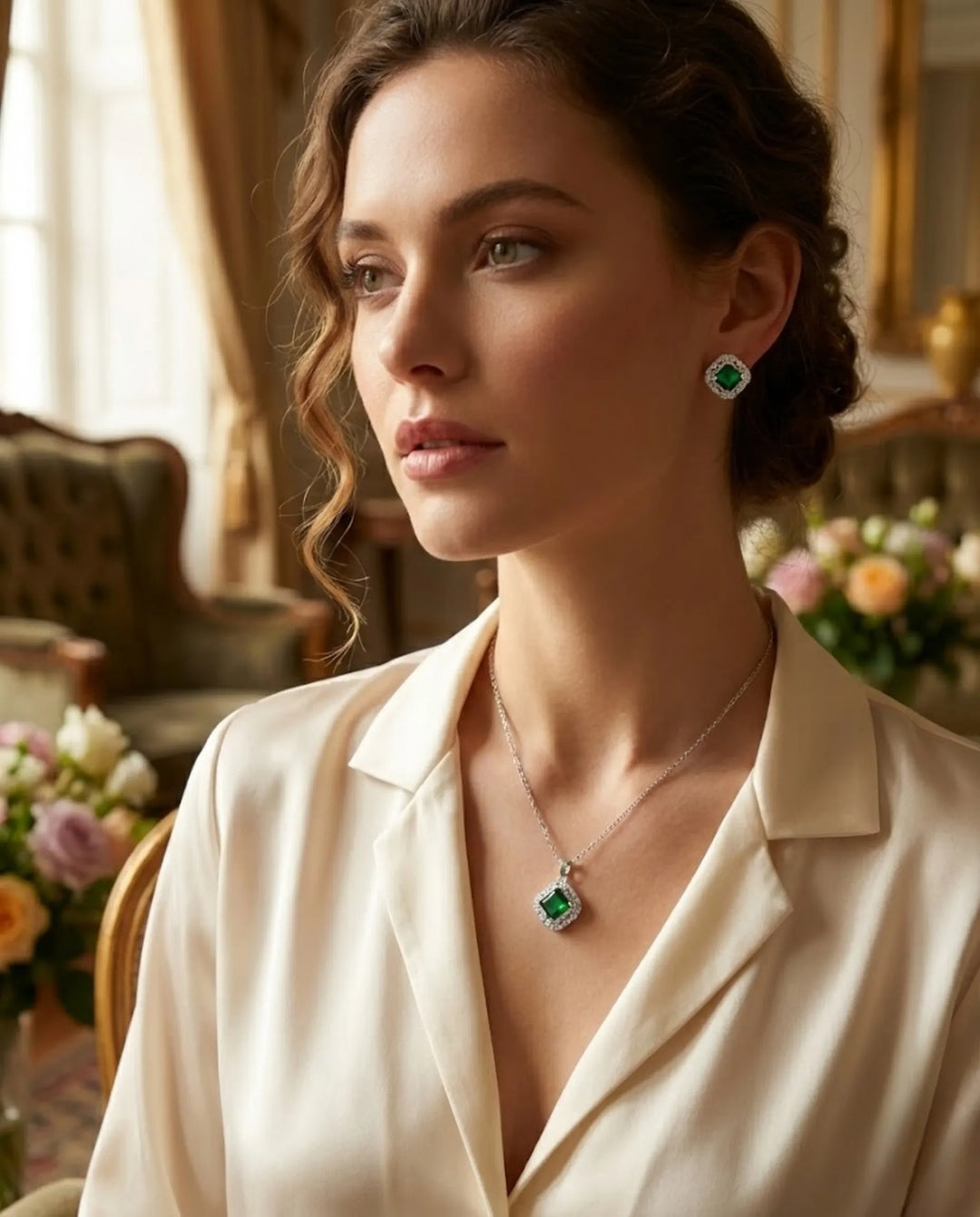 Emerald Green Square Pendant Necklace & Earrings Set