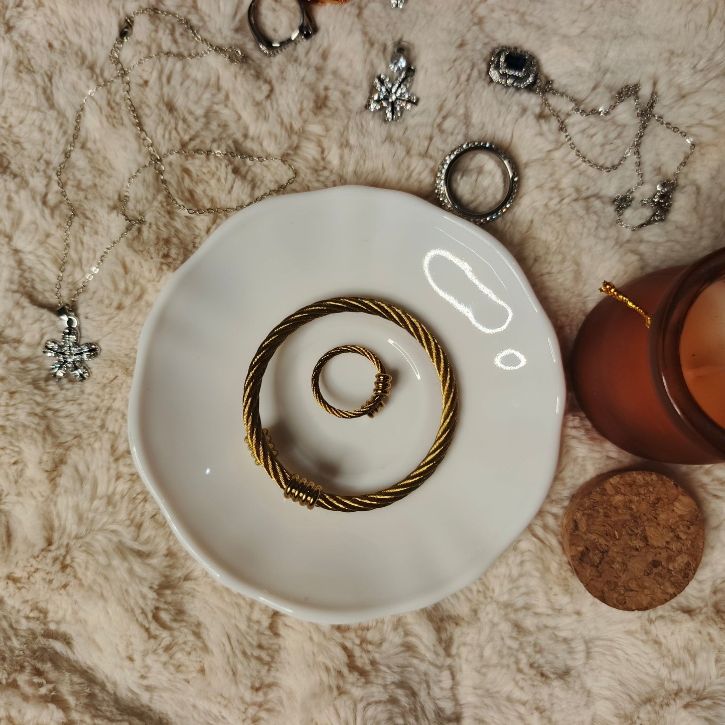 Gold Cable Bracelet & Ring Set for Women | Stainless Steel Jewelry