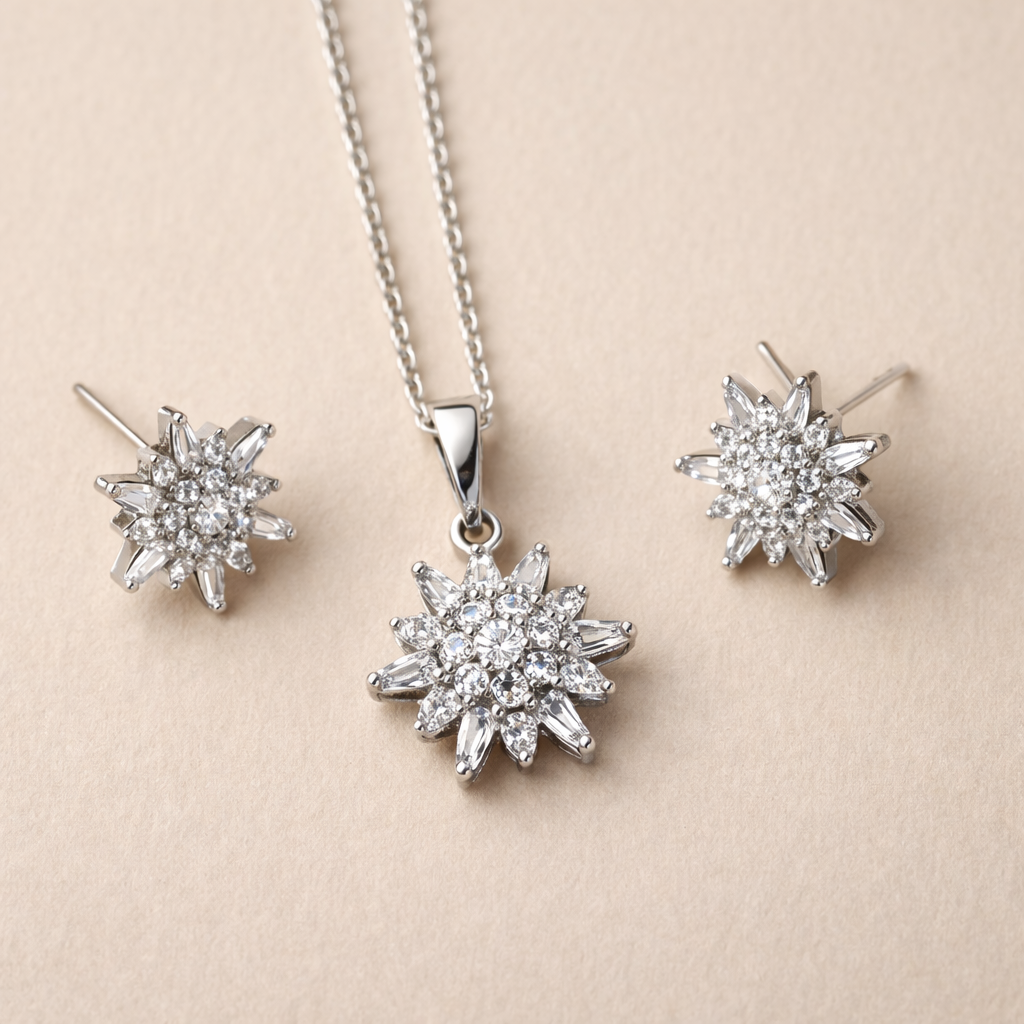 Silver Snowflake Crystal Locket Set with Ring – Pendant Necklace & Earrings Jewelry Set for Women