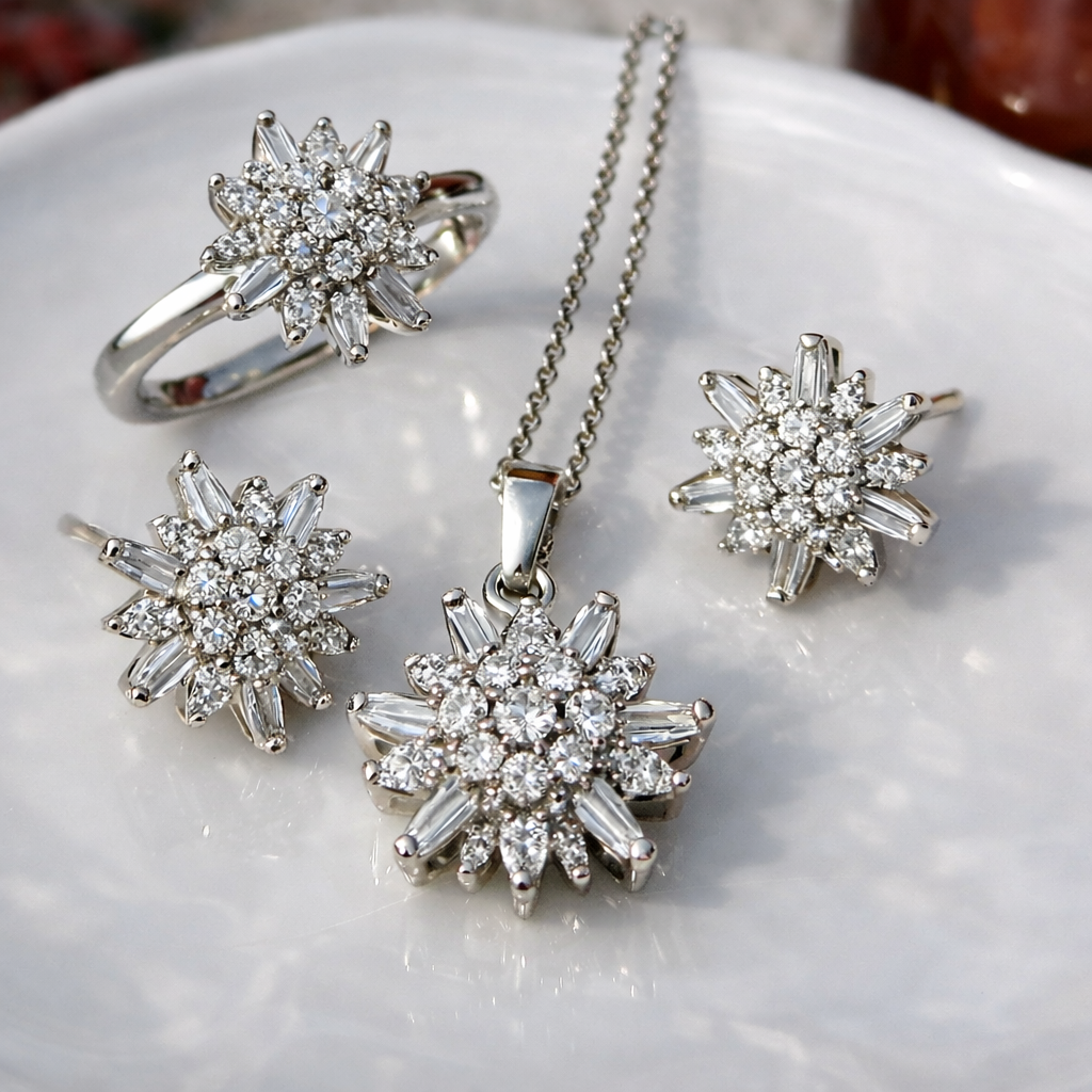 Silver Snowflake Crystal Locket Set with Ring – Pendant Necklace & Earrings Jewelry Set for Women