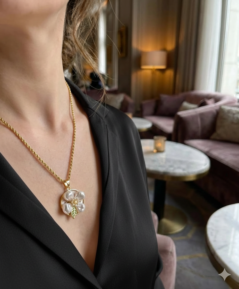 Gold Floral Pearl Pendant Necklace for Women