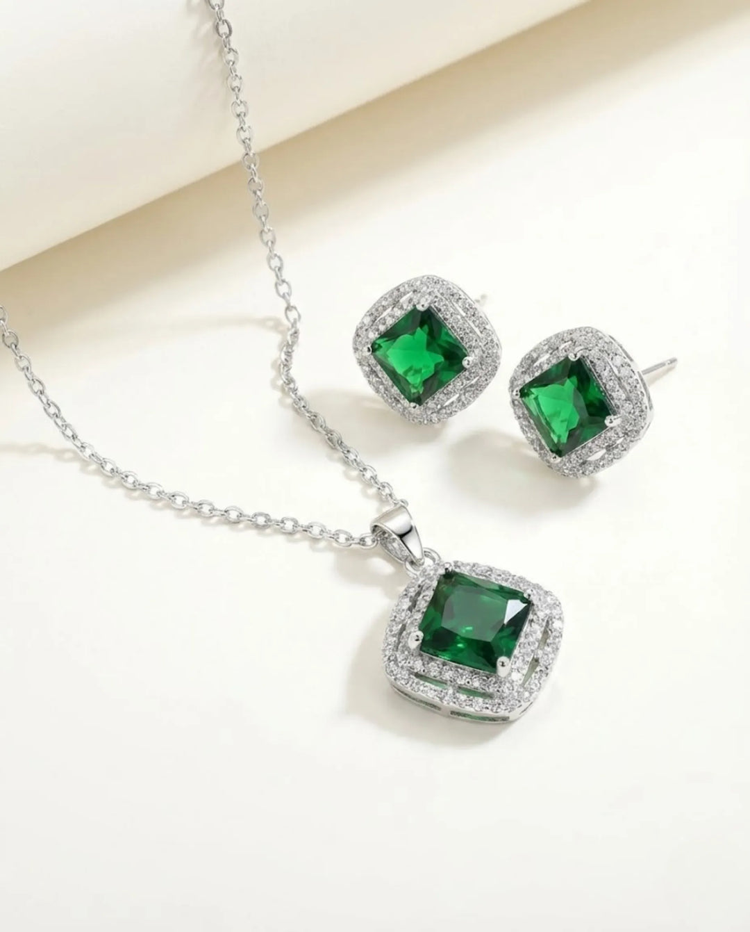 Emerald Green Square Pendant Necklace & Earrings Set