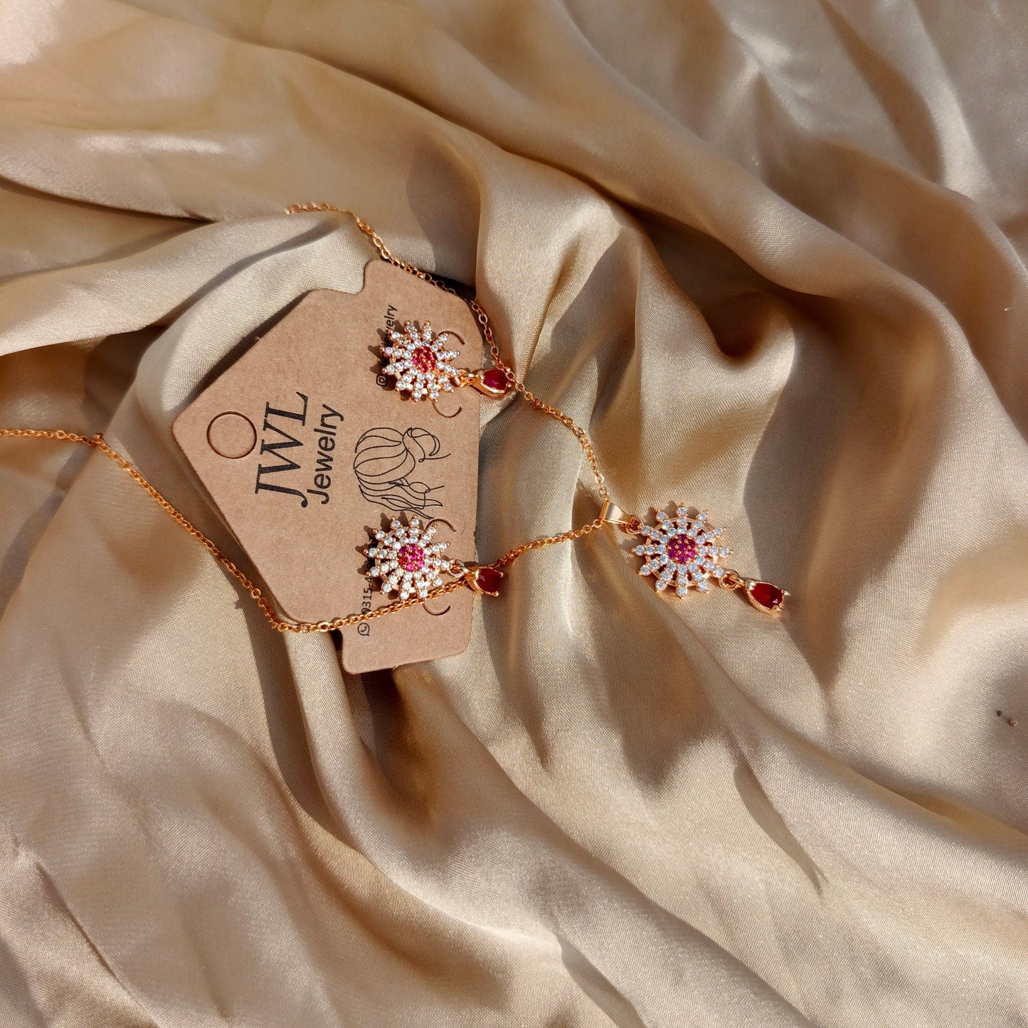 Flower Pendant Set Drop Red Stone