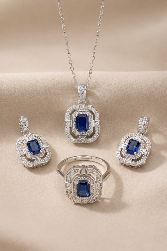 Royal Blue Sapphire Inspired Jewelry Set – Geometric Halo Pendant Necklace, Earrings & Ring