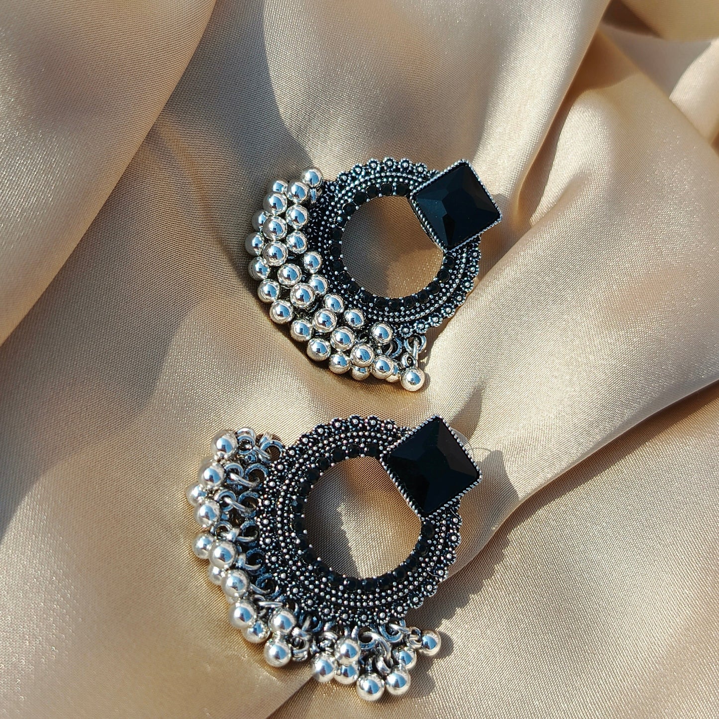 Antique Stud Earrings with Black Beaded Detailing